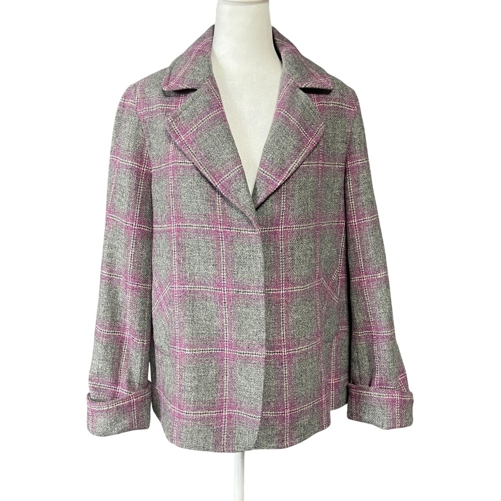 Talbots Blazer Womens 12 Gray Pink Plaid Wool Tweed 2 Button Notch Lapel Lined
